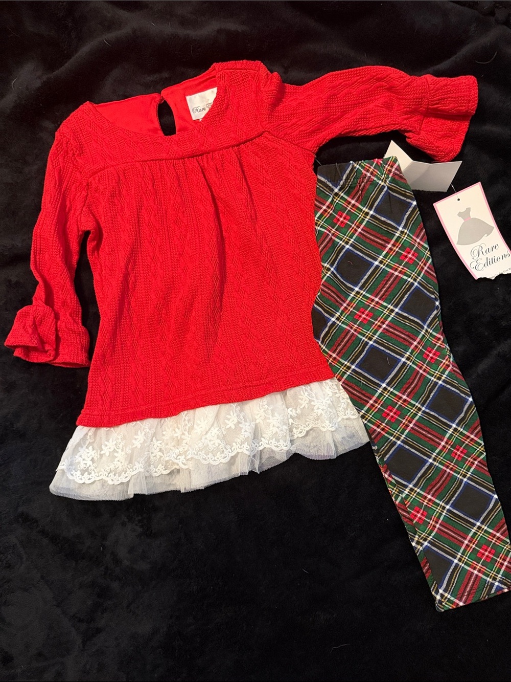Rare Editions Red Knit Tunic with Lace Hem and Plaid Leggings